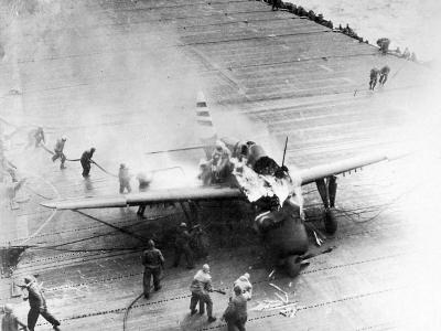 Curtiss SB2C after crash lands on USS Randolph