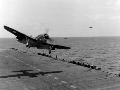 Curtiss SB2C-1 over flight deck 1943