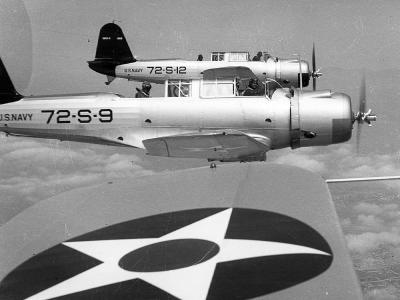 SB2U-2 Vindicators code 72-S-9 and 72-S-12 of the VS-72 in flight