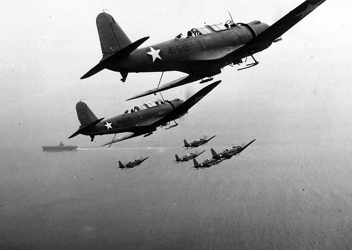 SB2U Vindicators 41-S-12 and 41-S-10 of VS 41 in formation over USS Ranger CV-4 1942