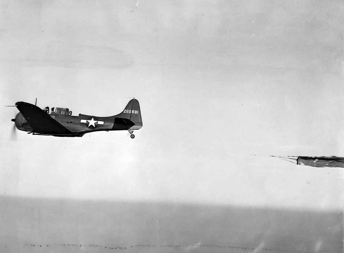 A-24A Banshee serial 42-60881 pulling target for AA practice at Camp Davis 2