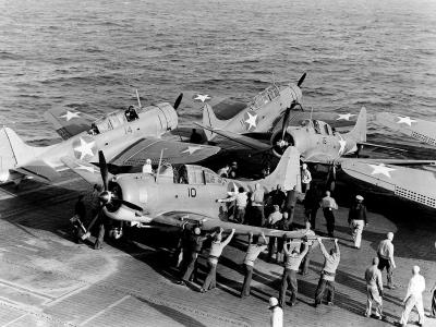 SBD-3 of the VGS-29 on the forward part of the flight deck of the carrier USS Santee