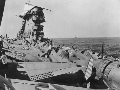SBD-3 dive bombers on flight deck of USS Lexington 1942