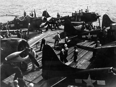 SBD-5 of VB-16 ready for launch on the flight deck of the carrier USS Lexington (CV-16) invasion of Saipan 15 June 1944