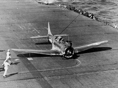 SBD-5 Dauntless of the VB-5 makes a belly landing