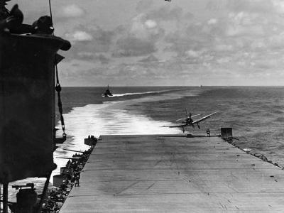 SBD landing on aircraft carrier during Battle of Midway