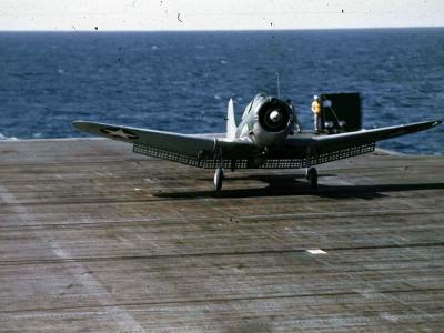 SBD Dauntless of VB-4 landing on aircraft carrier USS Ranger (CV-4)1942