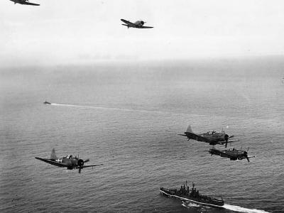 SBD dive bombers of the VB-10 from USS Enterprise enroute to Emirau