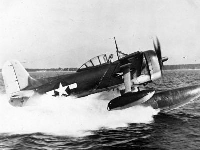 Curtiss SC-1 seaplane takes off