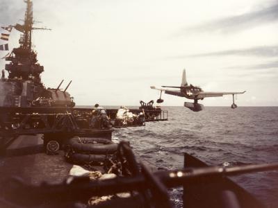 Curtiss SO3C-3 Seamew being catapulted from USS Biloxi (CL-80) – October 1943