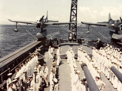 SO3C on catapult of USS Biloxi CL-80, October 1943 – color photo