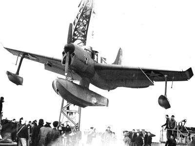 Curtiss SO3C Seamew is hoisted on board