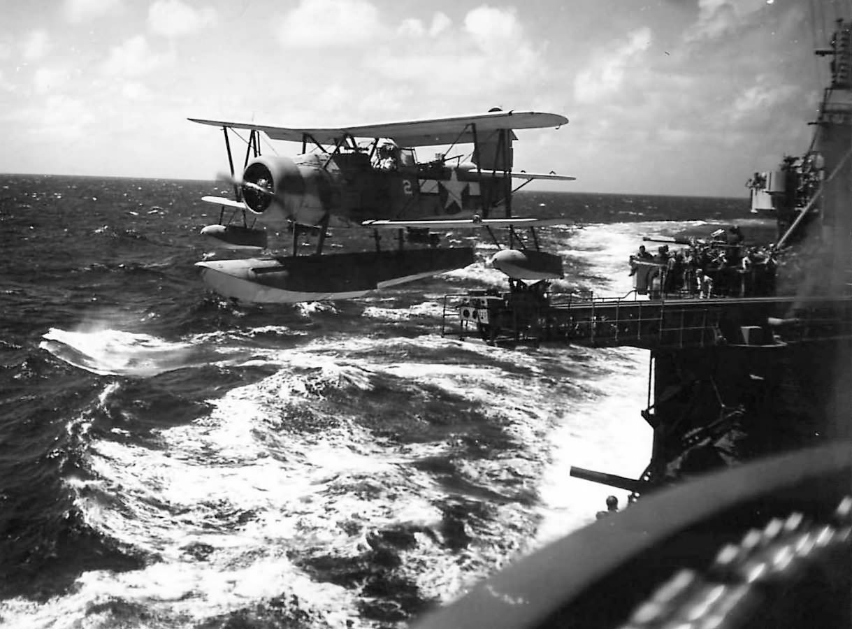 SOC Seagull #2 takes off from USS Minneapolis (CA-36) during Wake Raid 5 October 1943