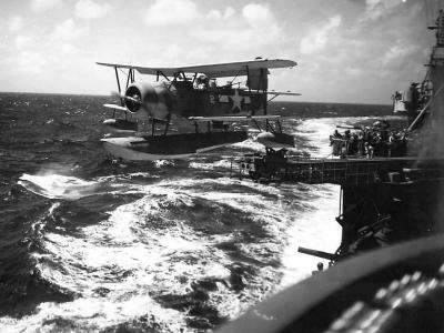 SOC Seagull #2 takes off from USS Minneapolis (CA-36) during Wake Raid 5 October 1943
