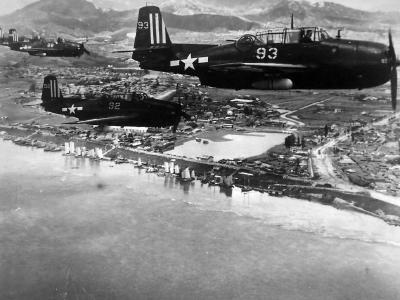 TBM-3E Avengers #93, 92 (USS Antietam CV-36) in flight over Hong Kong