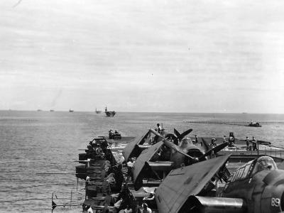 TBM-1 Avengers of VT-37 on deck of USS Sangamon