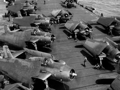 F6F-3 Hellcats and TBM-1C white 2 and 3 on the flight deck of the USS Bataan, Hawaii July 20 1944