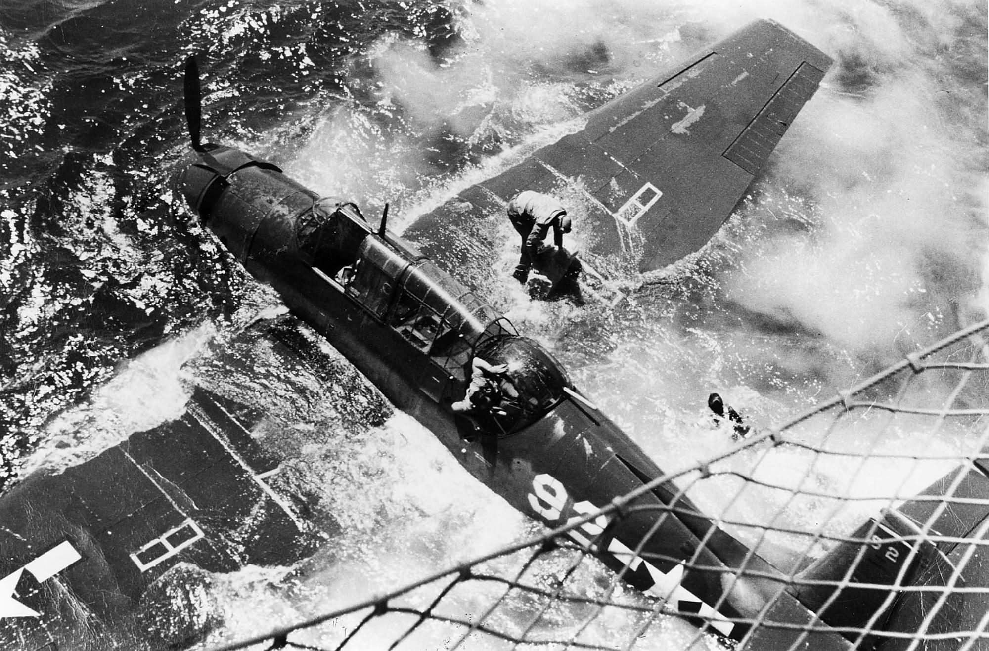 TBF-1C Avenger #92 of VT-26 after it ditched following a catapult mishap on board the USS Bataan CVL-29 March 13, 1944