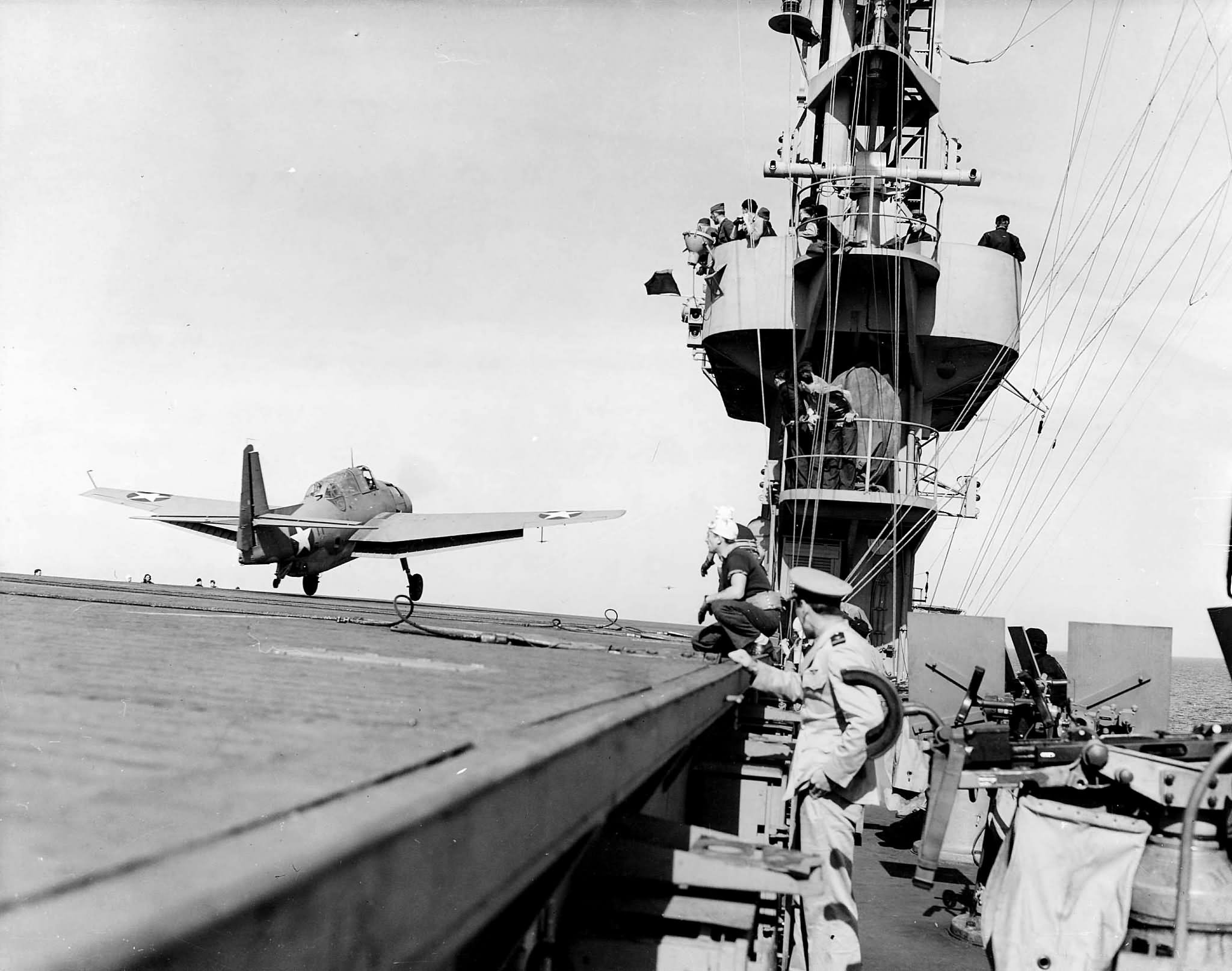 TBF-1 Avenger of VGS-13 take off – USS Core ACV-13 February 15, 1943