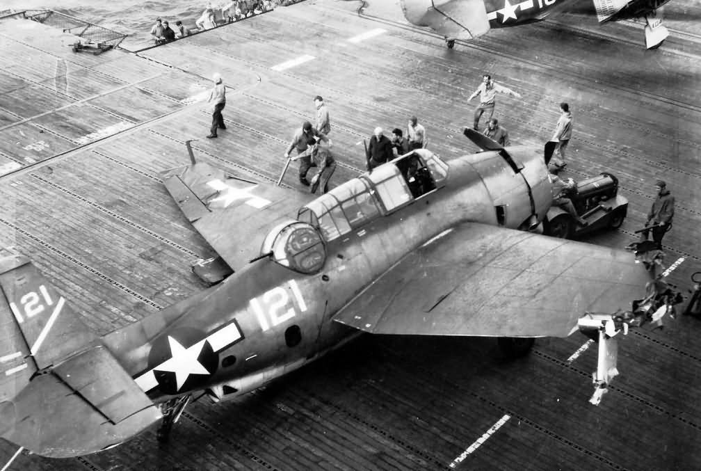 TBF-1 Avenger 121 of the VT-5 after deck crash on USS Yorktown CV-10