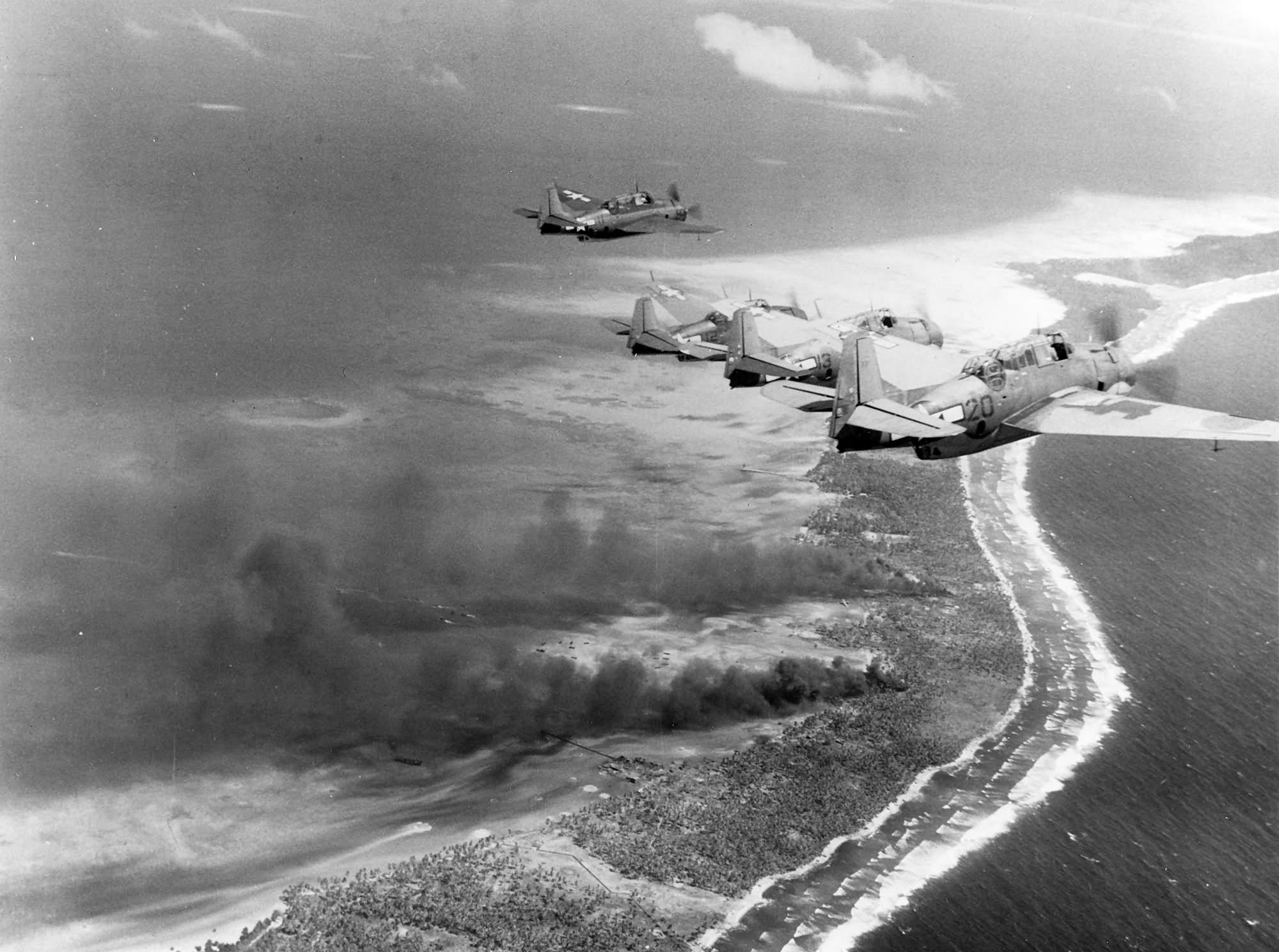 TBF 1, USS Coral Sea (CVE-57), fly over Butaritari Island Makin Atoll during the pre invasion 20 November 1943 USS CORAL SEA