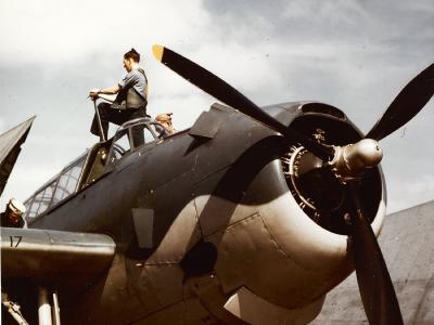 TBF Avenger on deck of USS Yorktown CV-10 1943, color photo