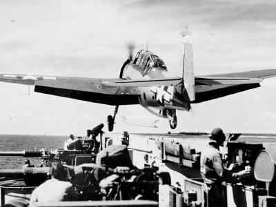 TBF Avenger catapult launch on aircraft carrier