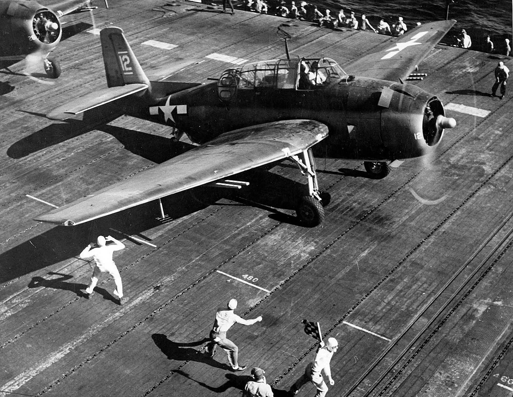 TBF #12 of VT-8 ready for launch from the USS Bunker Hill CV-17 for a strike against Saipan June 10, 1944