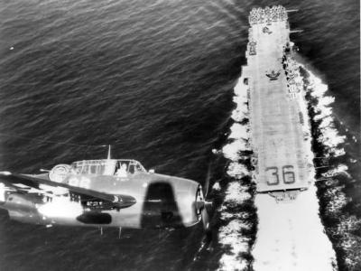 TBM-3E Avenger over USS Antietam CV-36