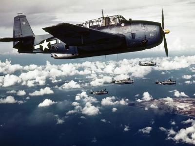 TBF-1 Avenger white 18 over Wake island – color photo