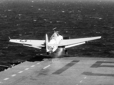 TBM-1C Avenger of VT-87 launching from the deck of the USS Randolph CV-15 in the Atlantic November 15, 1944