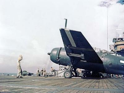 TBM-3 Avenger on deck of carrier USS Cape Gloucester CVE-109 September 1945
