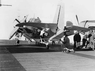 TBM-3 Avenger of VMTB-233 on board USS Block Island (CVE-106) during operations off San Diego February 7, 1945