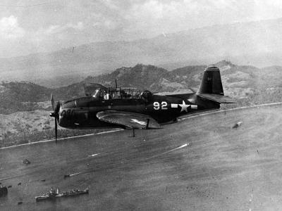 TBM Avenger #92 of the VT-26 USS Santee CVE-29 in flight on October 20 1944