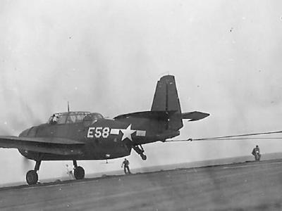 TBM code E58 landing on aircraft carrier
