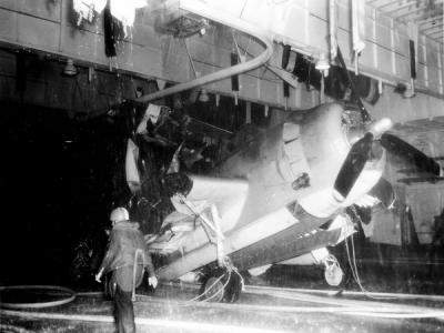 TBM of VT-12 on the hangar deck of the USS Randolph (CV-15) on March 11, 194