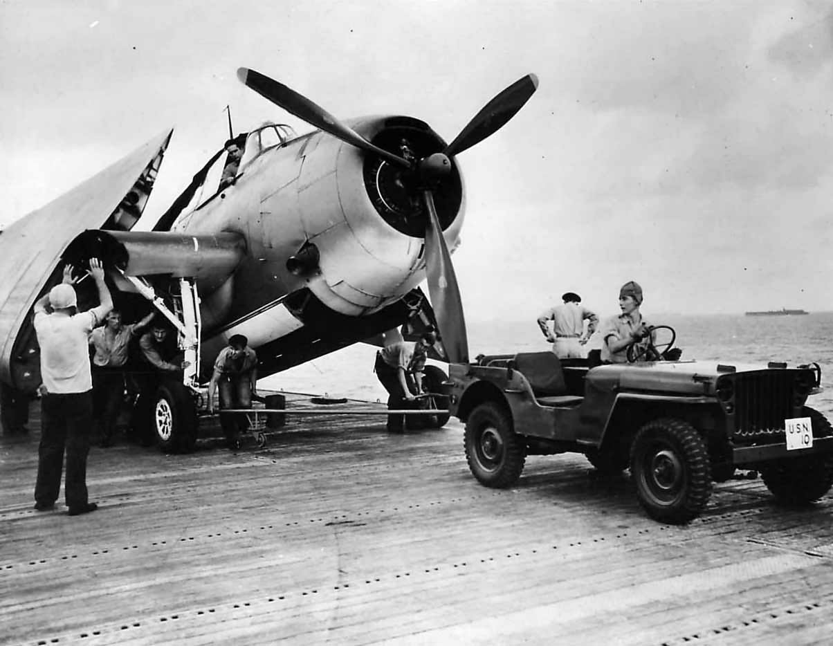 Willys MB and TBF Avenger on Deck USS Yorktown (CV-10) during attack on Wake October 1943