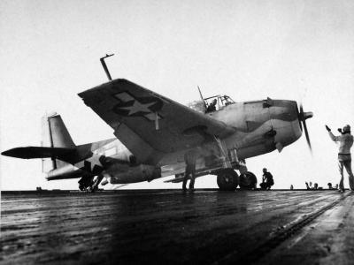 TBF with rocket bombs in rack ready to be catapulted from USS Mission Bay (CVE-59), 26 November 1943 2