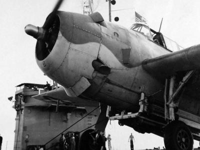 TBF with rocket bombs in rack ready to be catapulted from USS Mission Bay (CVE-59), 26 November 1943 3