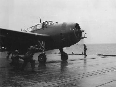TBM-3 VT-82 prepares to take off from aircraft carrier USS Bennington for raid on Tokyo 1945