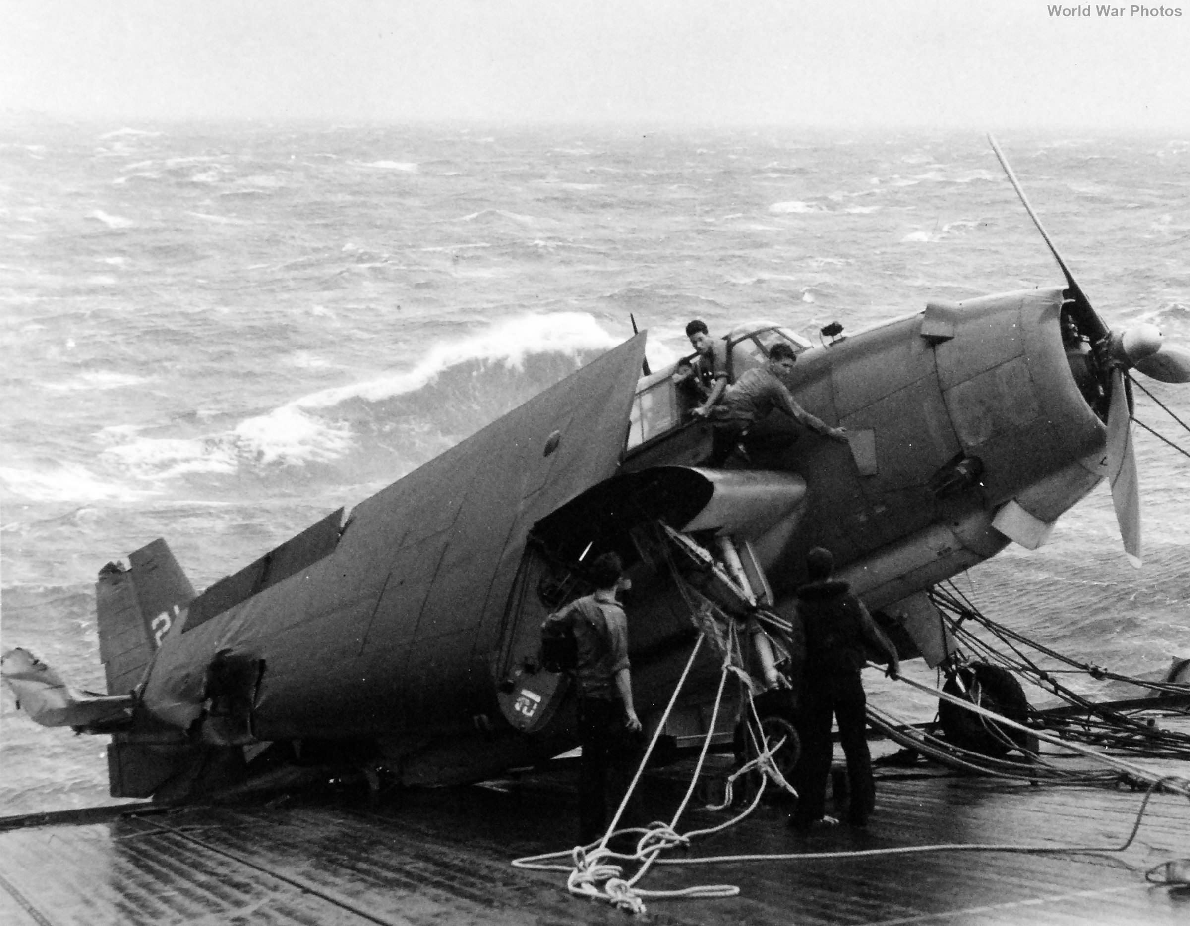 TBM damaged during the typhoon on board USS Anzio 17 December 1944