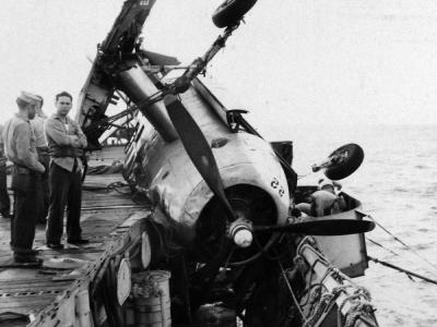 TBM damaged during the typhoon on board USS Anzio 17 December 1944 2