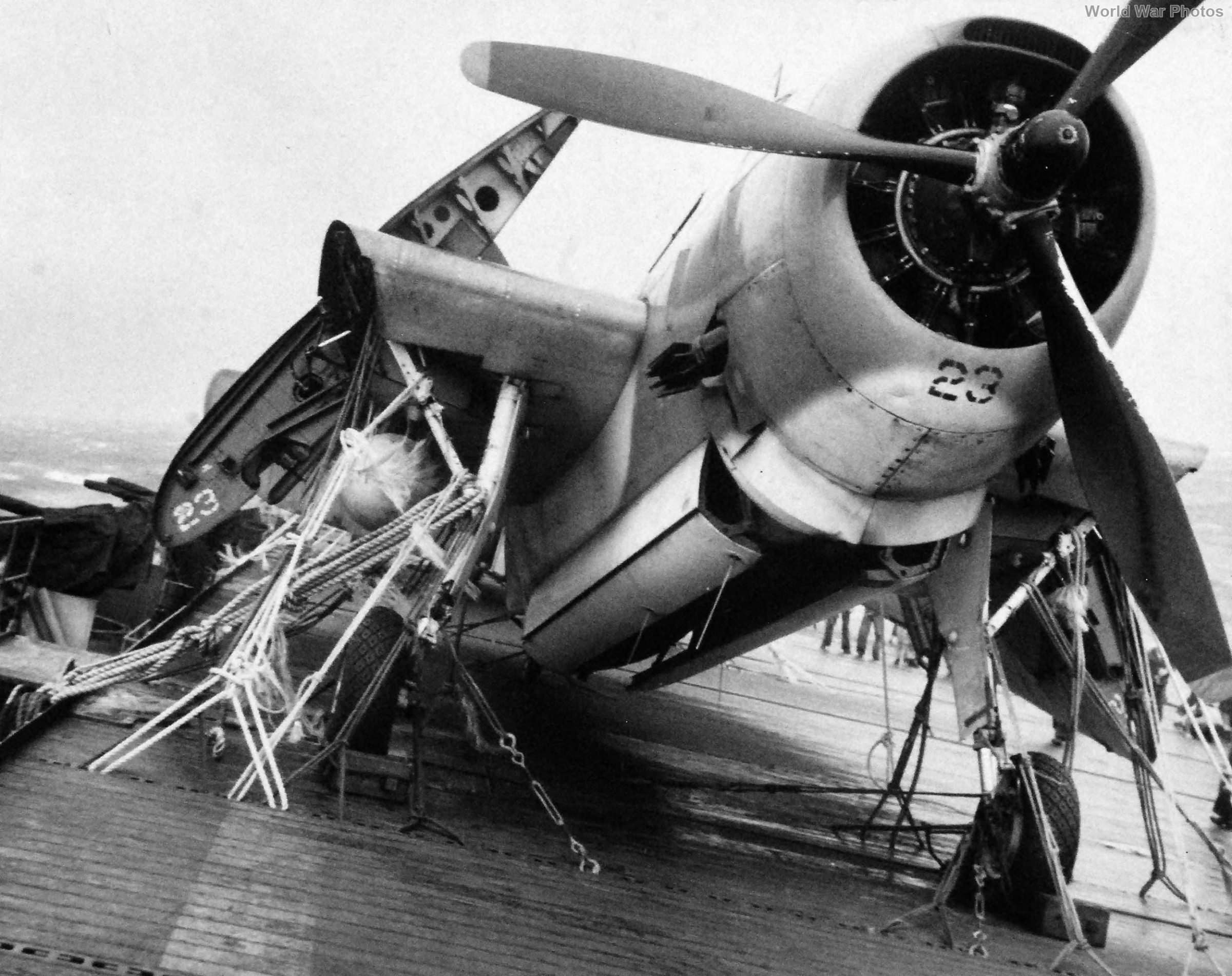 TBM damaged during the typhoon on board USS Anzio 18 December 1944