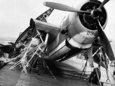 TBM damaged during the typhoon on board USS Anzio 18 December 1944