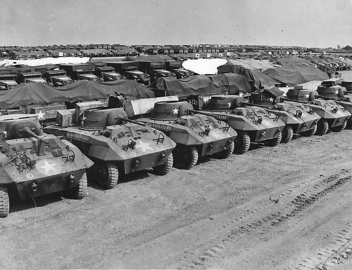 M8 Armored Vehicles Await Invasion at Ordnance Depot in England 1944