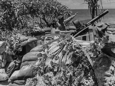 .50 caliber AA machine gun emplacement and crew early 1944