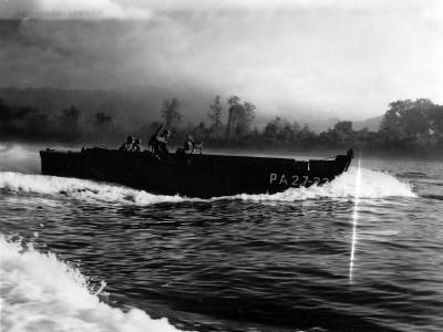 Assault wave in Higgins boat hitting the Bougainville beach