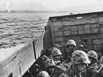 Marines in Landing Craft approaching Empress Augusta Bay Bougainville Beach 1943