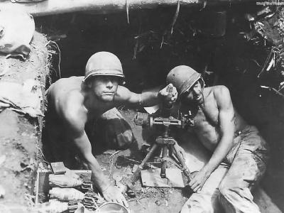 Soldiers of the 23rd Infantry Division manning an M2 60mm light mortar