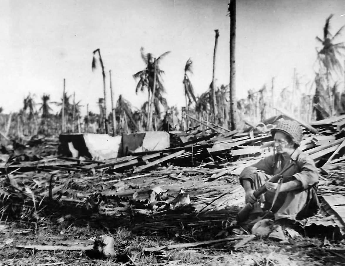 Soldier on Guard Duty Amid Ruins on Eniwetok 1944
